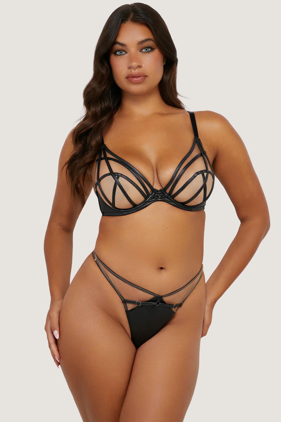 Playful Promises Ramona Black Leatherette Caged Open Back Stringit