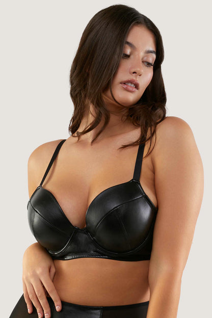 Playful Promises Iris Black Leatherette Padded Plunge Rintaliivit